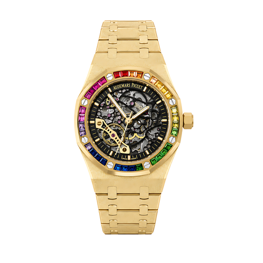 Audemars Piguet Rainbow Bezel Frosted Gold Skeleton Dial Gold Watch - image 1